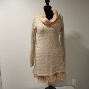 ALTAR'D STATE PEACH DRESS WITH CHIFFON COWL NECK & LACE HEM WOMEN SIZE M